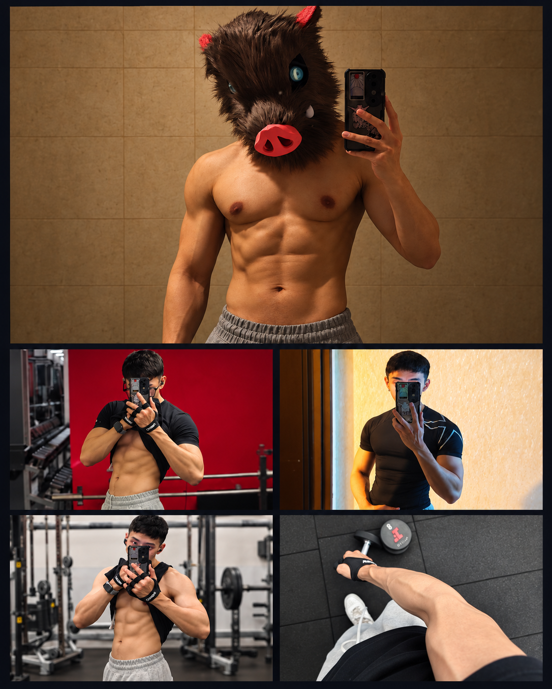Portrait gym progress collage: Nino wearing an Inosuke mask above four physique and arm photos in a two-by-two grid